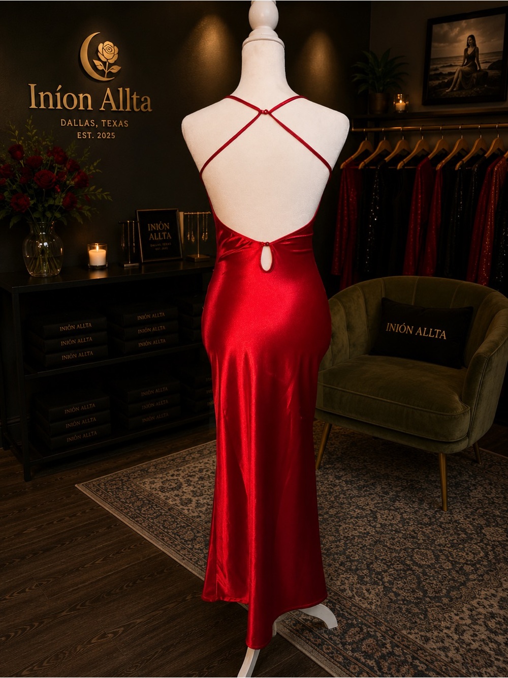 Red Satin Midi Slip Dress - Picture 3 of 4